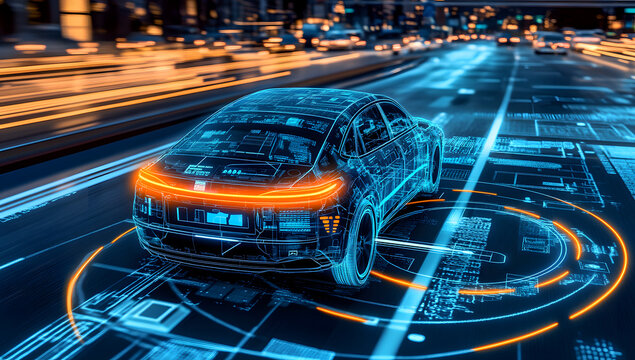 Futuristic car driving on a smart highway at night.  Digital overlay shows technological advancements.