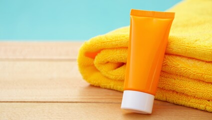 Sunscreen tube on yellow towel reminding beachgoers to reapply, sun safety