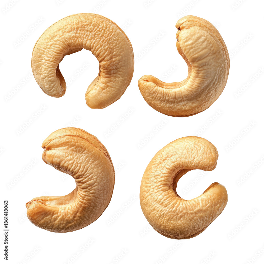 Poster four cashew nuts isolated on a transparent background showcasing their unique shape and texture vivi