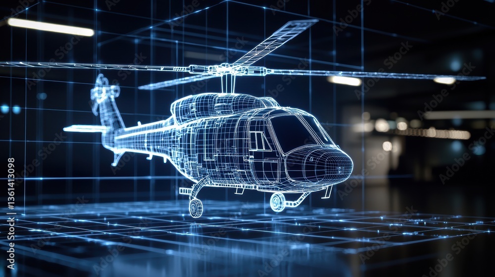 Poster a wireframe model of a helicopter is displayed in a modern, digital environment, showcasing intricat