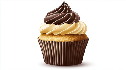 A digitally rendered close-up shot of a single cupcake against a stark white background. The cupcake features a dark brown chocolate frosting swirled on top of a lighter, vanilla-colored frosting.