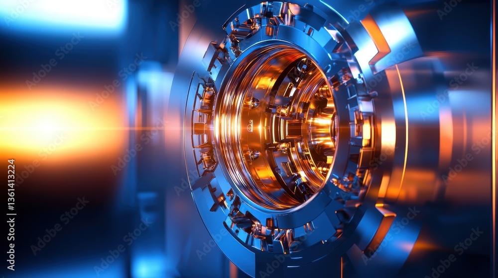 Poster a futuristic, metallic structure with glowing elements, suggesting advanced technology and energy fl