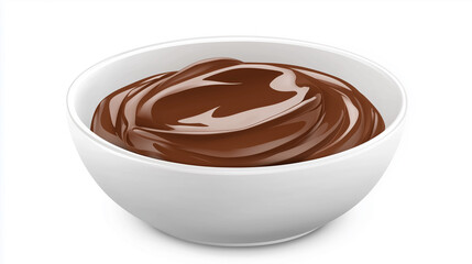 High-angle, close-up studio shot of a small white bowl filled with a dark brown, glossy chocolate dessert. The dessert has a smooth, creamy texture with visible swirls indicating a viscous