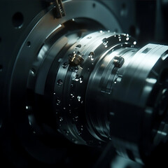 A closeup shot of an advanced CNC Computer Numerical Control machine turning metal on its tool surrounded by light and shadow effects creating a sense of precision