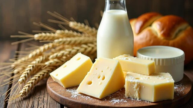Traditional Shavuot dairy feast with cheese, milk, bread, and wheat, festive footage