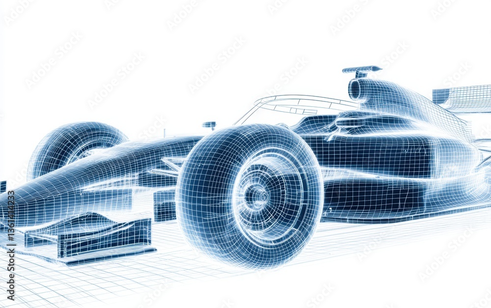 Poster a wireframe model of a formula 1 car, showcasing a futuristic design with intricate details and a di