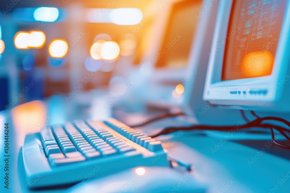 Poster close-up of a vintage computer keyboard and monitor in a brightly lit office, suggesting retro techn