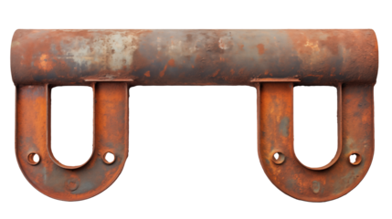 A rusty metal pipe with u shaped supports on a black background
