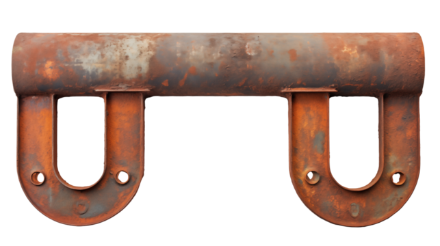 A rusty metal pipe with u shaped supports on a black background