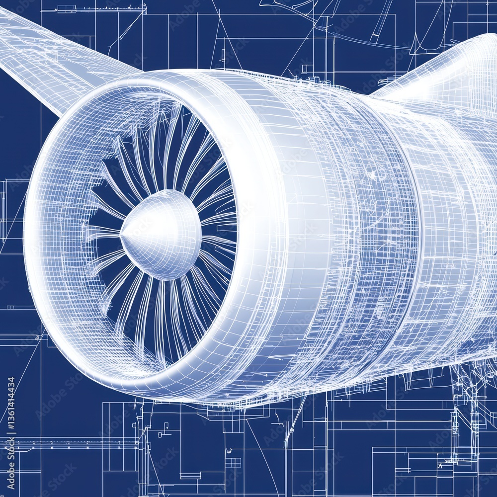 Poster a detailed blueprint of a jet engine, showcasing intricate design elements and technical specificati