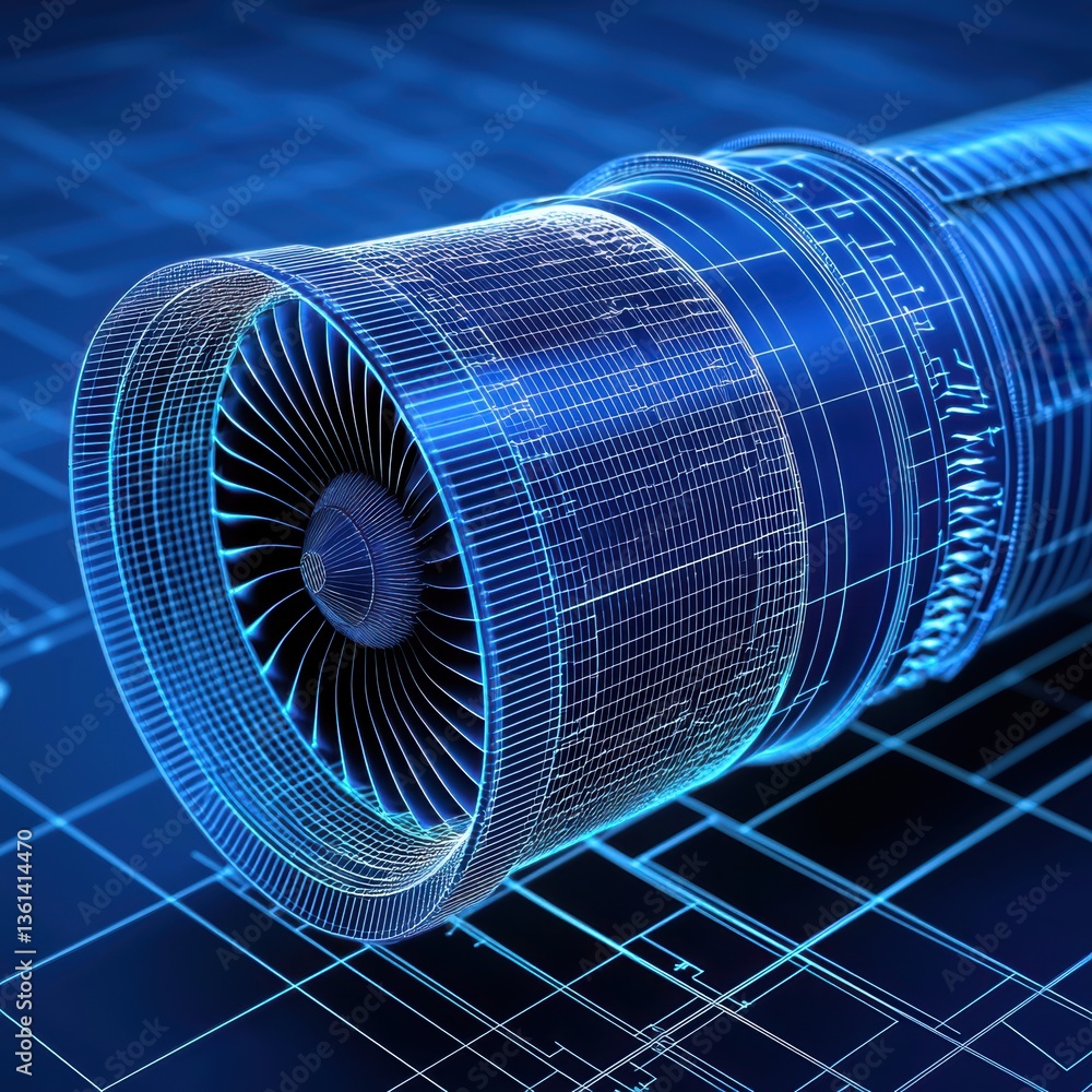 Poster a detailed wireframe model of a jet engine, highlighted in blue, showcasing intricate design element