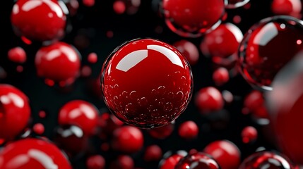 Red Spheres in Motion: A 3D Render of Glossy Bubbles Against a Dark Background AI Generated