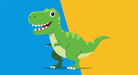 AI Generated Cheerful Green Tyrannosaurus Rex Dinosaur Cartoon Illustration with Sharp Teeth and Small Arms on a Split Blue and Yellow Background