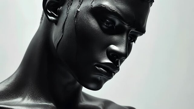 Black sculpture of a male figure showcasing detailed features and expressive emotion against a neutral background