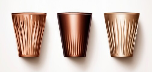 Three elegantly designed cups in varying metallic hues, showcasing a modern aesthetic with unique detailing.