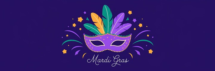 Mardi Gras celebration with a vibrant purple masquerade mask adorned with colorful feathers, surrounded abstract shapes stars festive elements on deep purple background elegant Mardi Gras lettering