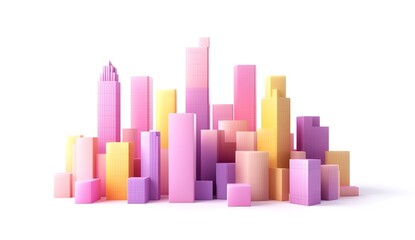 3D rendering of a colorful cityscape made from cubes on a white background