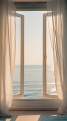soft morning light through fluttering white curtains framing a sea view side of the window
