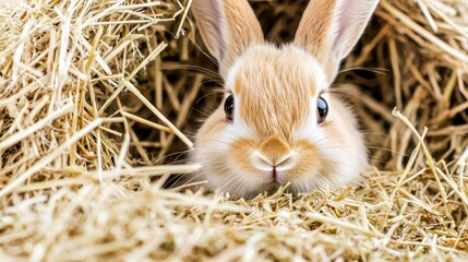 A cute rabbit peeks out from a cozy nest of straw, showcasing its soft fur and big eyes.