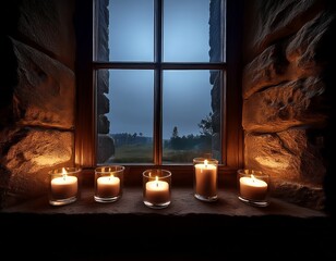 Flickering candles illuminate a stone window ledge at dusk overlooking a misty landscape