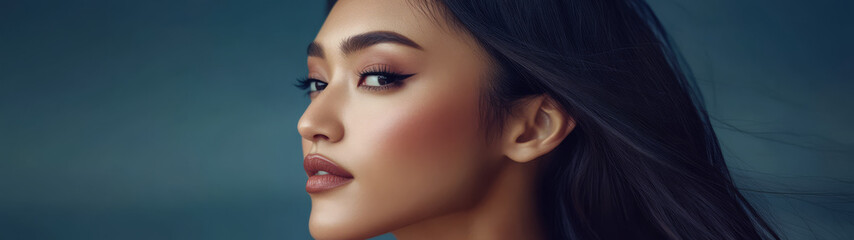Naklejka premium Beautiful woman in profile with flowing hair against a serene blue background