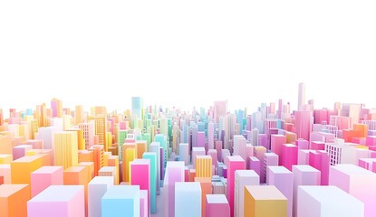 3D rendering of a colorful cityscape made from cubes on a white background