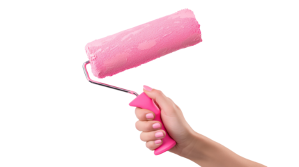 A hand holding a pink paint roller, isolated on white and transparent background, cut out png

