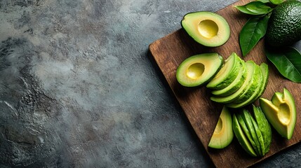 Fresh avocados sliced on a wooden cutting board with a rustic background.