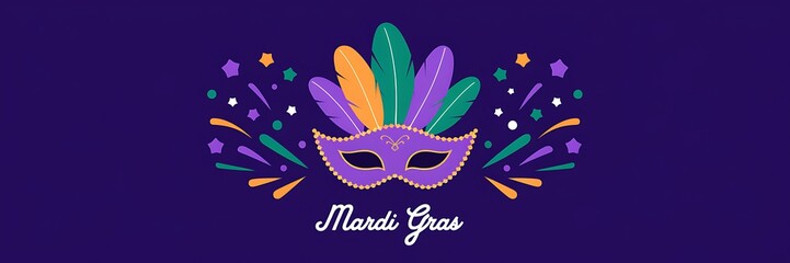 Mardi Gras celebration with a vibrant purple masquerade mask adorned with colorful feathers, surrounded abstract shapes stars festive elements on deep purple background elegant Mardi Gras lettering
