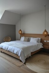 Fototapeta premium Minimalist bedroom with king-size bed, wooden headboard, and natural fiber rug.
