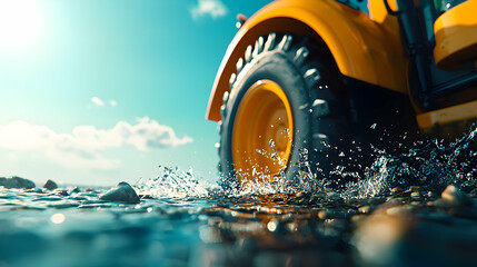 Yellow Construction Vehicle Driving Through Water with Sunlit Splashes and Blue Sky