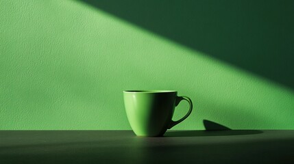 Green coffee cup on a dark surface against a vibrant green background.
