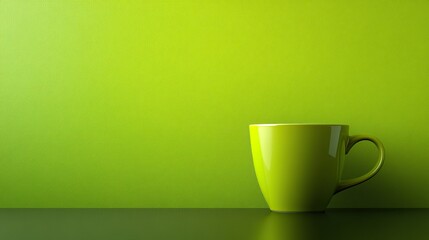 Green coffee cup on a dark surface against a vibrant green background.