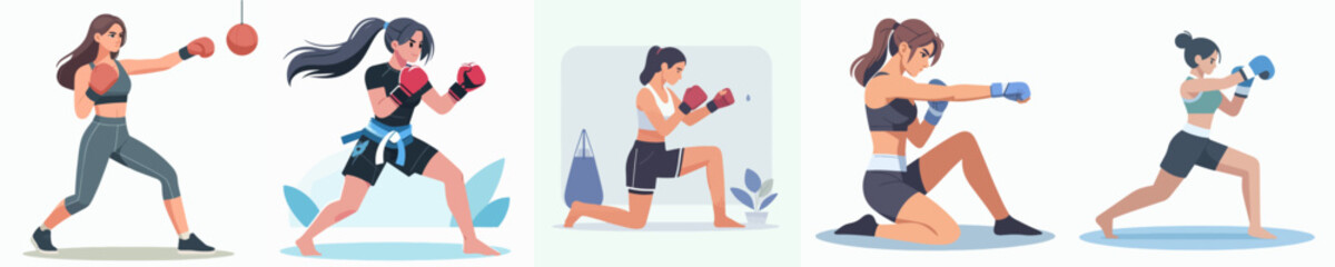 Fototapeta premium vector collection of muay thai, kickboxing and taekwondo athletes, young women