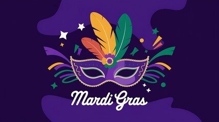 Fototapeta premium Mardi Gras celebration with a vibrant purple masquerade mask adorned with colorful feathers, surrounded abstract shapes stars festive elements on deep purple background elegant Mardi Gras lettering