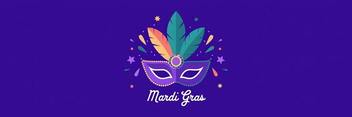 Mardi Gras celebration with a vibrant purple masquerade mask adorned with colorful feathers, surrounded abstract shapes stars festive elements on deep purple background elegant Mardi Gras lettering