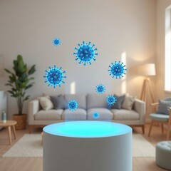 Minimalist product display podium with floating holographic virus models in a modern home setting
