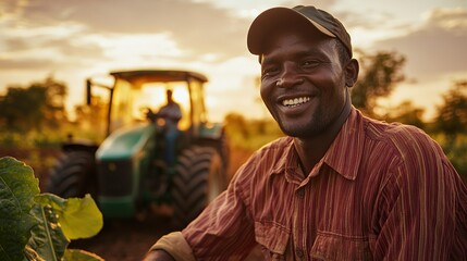 Happy, tractor and portrait with black man on farm for quality inspection, sustainability and growth. Smile, agriculture and plant with person in Kenya countryside for nature, ecology and environment