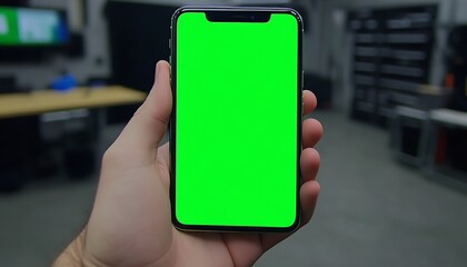 A hand is holding a smartphone with a green screen