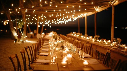 intimate beach reception, string lights and candles illuminating tables