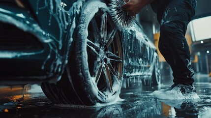 Man worker washes alloy rims of a car at a car wash, a man washes car rims with foam and a brush