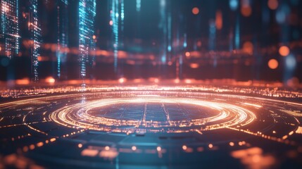 Futuristic digital technology platform with glowing circular interface and falling data streams.