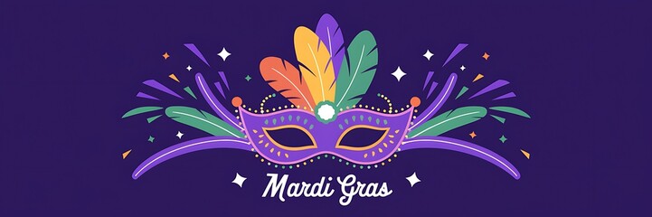Mardi Gras celebration with a vibrant purple masquerade mask adorned with colorful feathers, surrounded abstract shapes stars festive elements on deep purple background elegant Mardi Gras lettering
