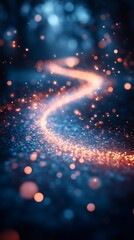 Glowing Stream of Light with Bokeh Effect in a Dark Blue Background