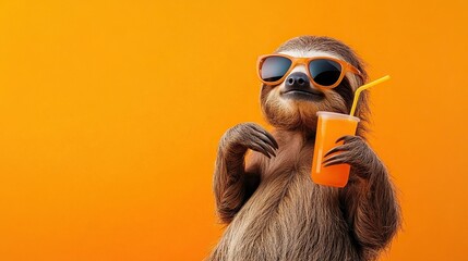 Sloth wearing sunglasses, holding a drink against a vibrant orange background