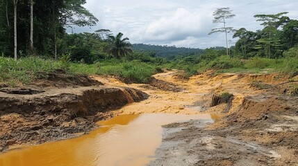 soil erosion in a deforested area, with muddy water flowing into a once-clear stream
