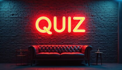 Quiz neon sign illuminates brick wall. Game show text glows brightly. Competition themed trivia contest advertisement. Sofa in room. Night event backdrop, quiz night promotion, knowledge game
