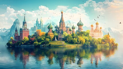 Obraz premium Autumnal Russian architecture island, calm waters