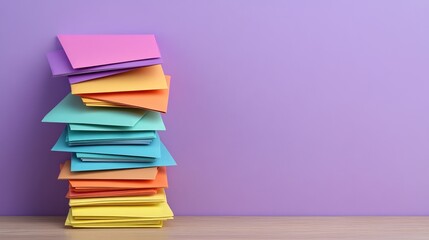 Fototapeta premium Stack of colorful envelopes on wooden table with purple background.