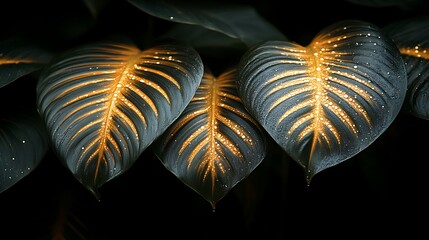 Glowing Tropical Leaves with Water Droplets on Dark Background